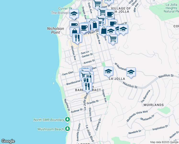 map of restaurants, bars, coffee shops, grocery stores, and more near 547 Fern Glen in San Diego