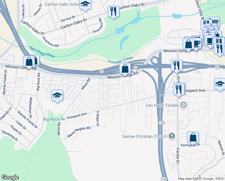 map of restaurants, bars, coffee shops, grocery stores, and more near Amherst Street in Santee