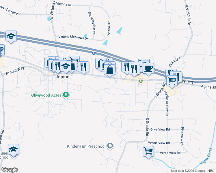 map of restaurants, bars, coffee shops, grocery stores, and more near 1499 Bay Meadows Drive in Alpine