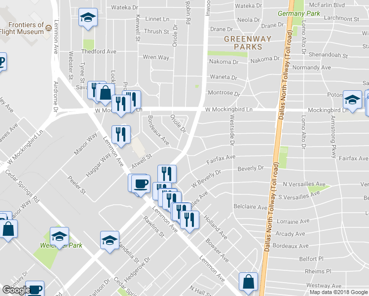 map of restaurants, bars, coffee shops, grocery stores, and more near 3913 Inwood Road in Dallas