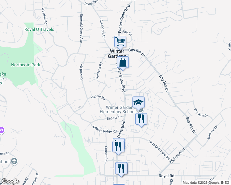 map of restaurants, bars, coffee shops, grocery stores, and more near 8658 Winter Gardens Boulevard in Lakeside