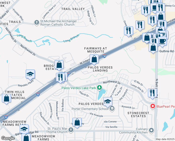 map of restaurants, bars, coffee shops, grocery stores, and more near 990 Interstate 30 Frontage Road in Mesquite
