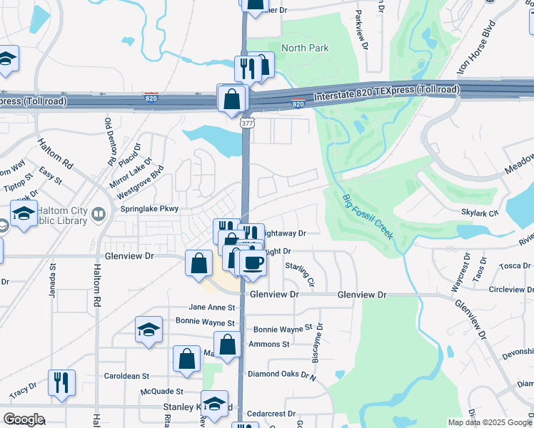 map of restaurants, bars, coffee shops, grocery stores, and more near 5617 Fairway Circle in Haltom City