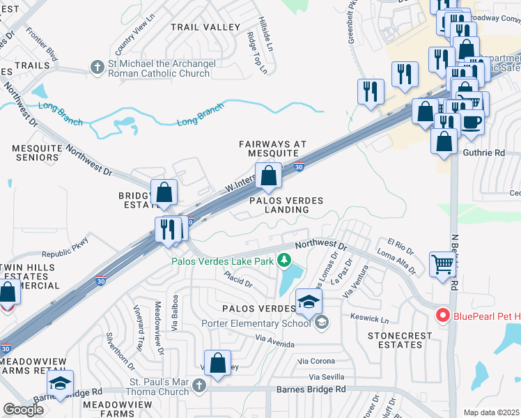 map of restaurants, bars, coffee shops, grocery stores, and more near 950 Interstate 30 in Garland