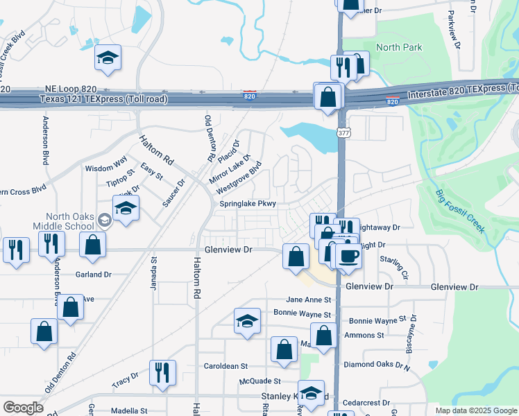 map of restaurants, bars, coffee shops, grocery stores, and more near 5100 Springlake Parkway in Haltom City