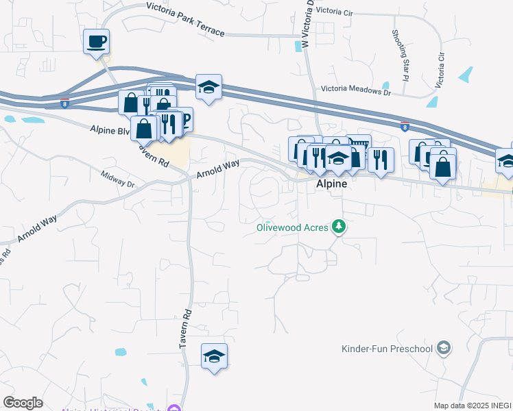map of restaurants, bars, coffee shops, grocery stores, and more near 71 Alpine Village Drive in Alpine