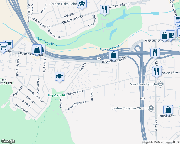 map of restaurants, bars, coffee shops, grocery stores, and more near 8545 Mission Gorge Road in Santee