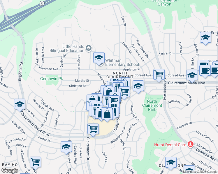 map of restaurants, bars, coffee shops, grocery stores, and more near 5000 Clairemont Drive in San Diego