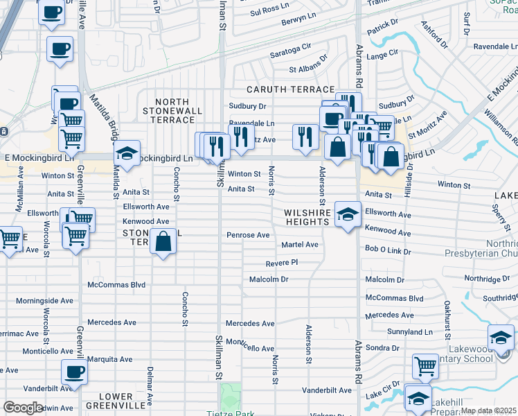 map of restaurants, bars, coffee shops, grocery stores, and more near 6159 Kenwood Avenue in Dallas