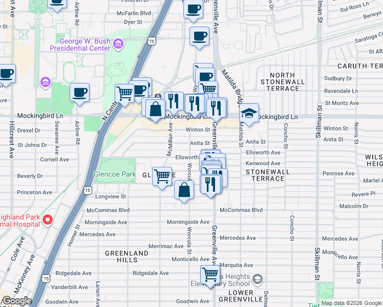 map of restaurants, bars, coffee shops, grocery stores, and more near 5536 Ellsworth Avenue in Dallas