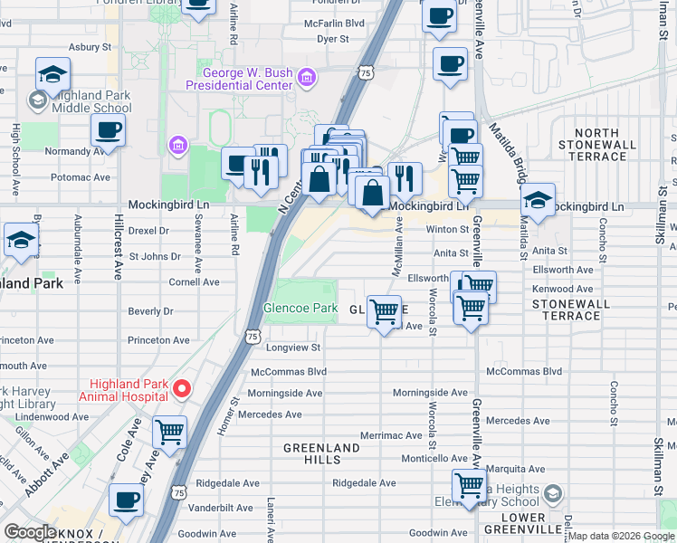 map of restaurants, bars, coffee shops, grocery stores, and more near 5343 Ellsworth Avenue in Dallas