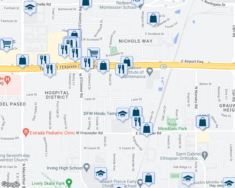 map of restaurants, bars, coffee shops, grocery stores, and more near 1910 Shoaf Drive in Irving