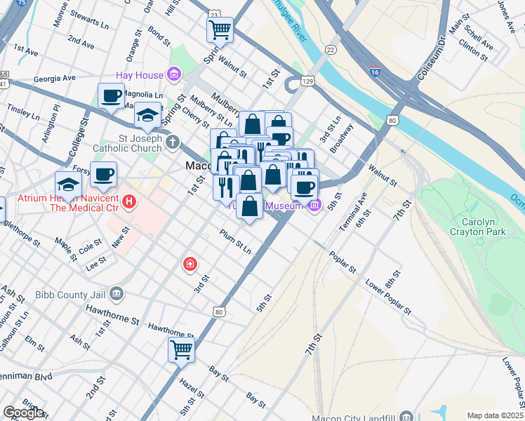 map of restaurants, bars, coffee shops, grocery stores, and more near 446 Poplar Street in Macon
