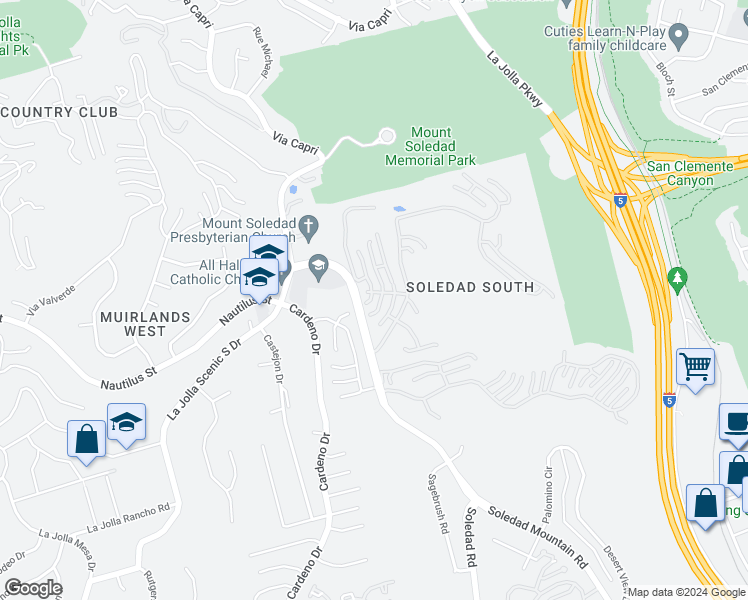 map of restaurants, bars, coffee shops, grocery stores, and more near 6489 Caminito Catalan in San Diego