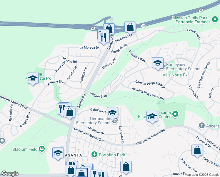 map of restaurants, bars, coffee shops, grocery stores, and more near 6106 Calle Mariselda in San Diego