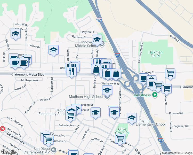 map of restaurants, bars, coffee shops, grocery stores, and more near 5405 Clairemont Mesa Boulevard in San Diego