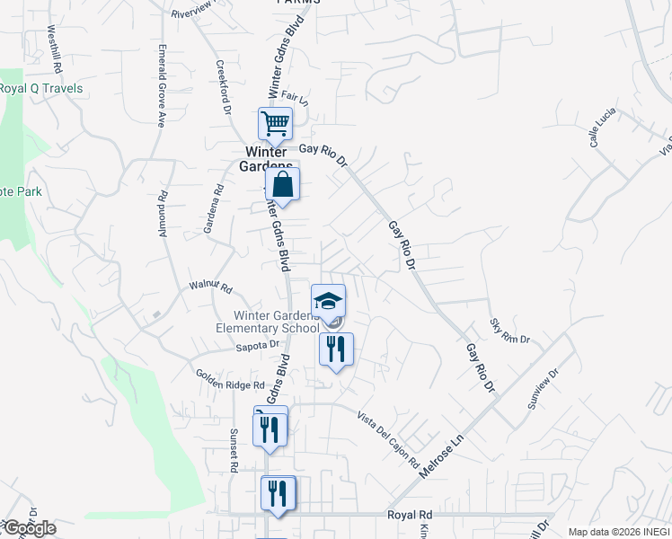 map of restaurants, bars, coffee shops, grocery stores, and more near 8661 Winter Gardens Boulevard in Lakeside