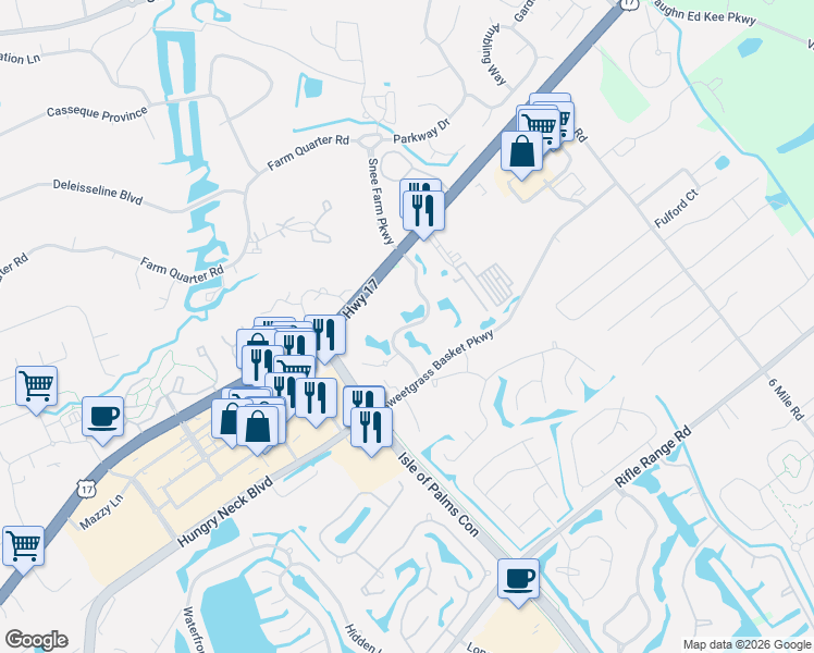 map of restaurants, bars, coffee shops, grocery stores, and more near 2011 North Highway 17 in Mount Pleasant