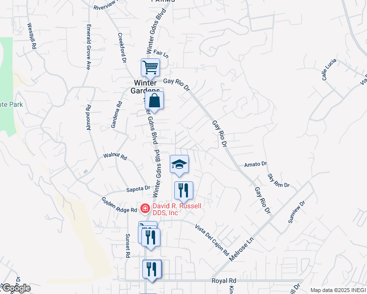 map of restaurants, bars, coffee shops, grocery stores, and more near 8661 Winter Gardens Boulevard in Lakeside