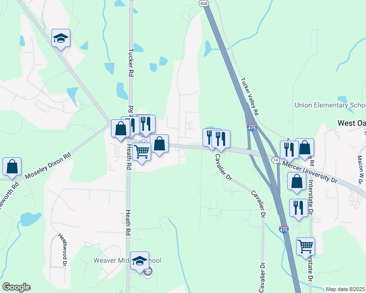 map of restaurants, bars, coffee shops, grocery stores, and more near 5477 Thomaston Road in Macon