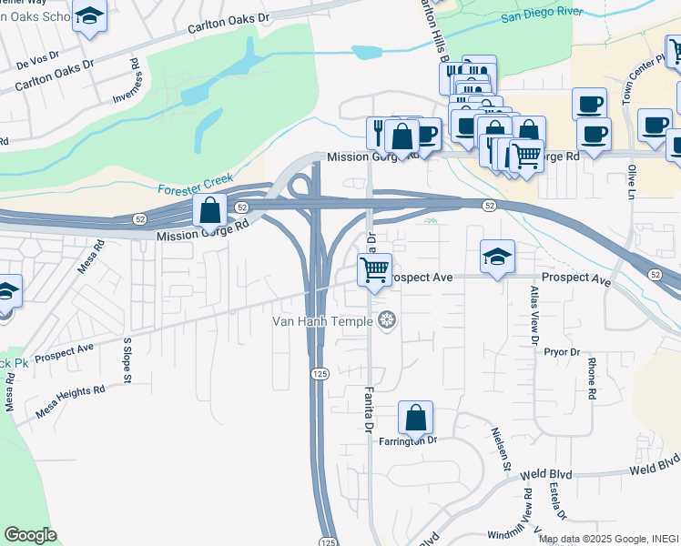 map of restaurants, bars, coffee shops, grocery stores, and more near in Santee