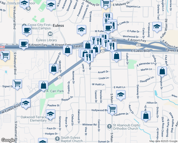 map of restaurants, bars, coffee shops, grocery stores, and more near 306 Martha Street in Euless