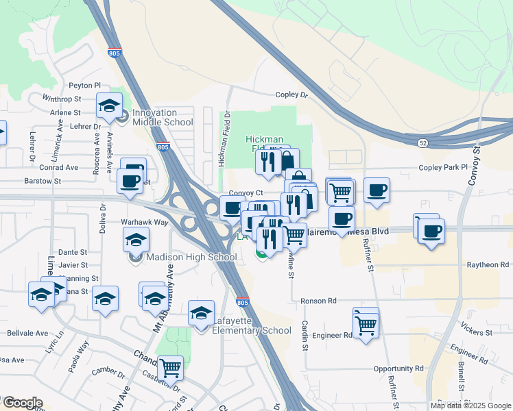 map of restaurants, bars, coffee shops, grocery stores, and more near 6911 Convoy Court in San Diego