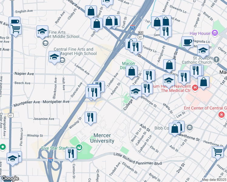 map of restaurants, bars, coffee shops, grocery stores, and more near 1195 Lawton Avenue in Macon