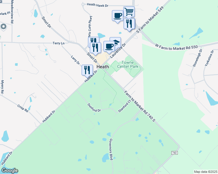map of restaurants, bars, coffee shops, grocery stores, and more near 313 Normandy Lane in Heath
