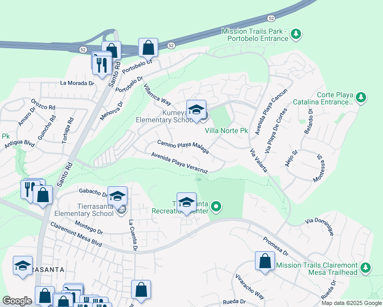 map of restaurants, bars, coffee shops, grocery stores, and more near 4989 Corte Playa Encino in San Diego
