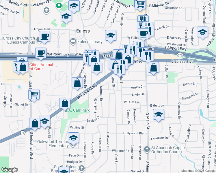 map of restaurants, bars, coffee shops, grocery stores, and more near 312 Vine Street in Euless