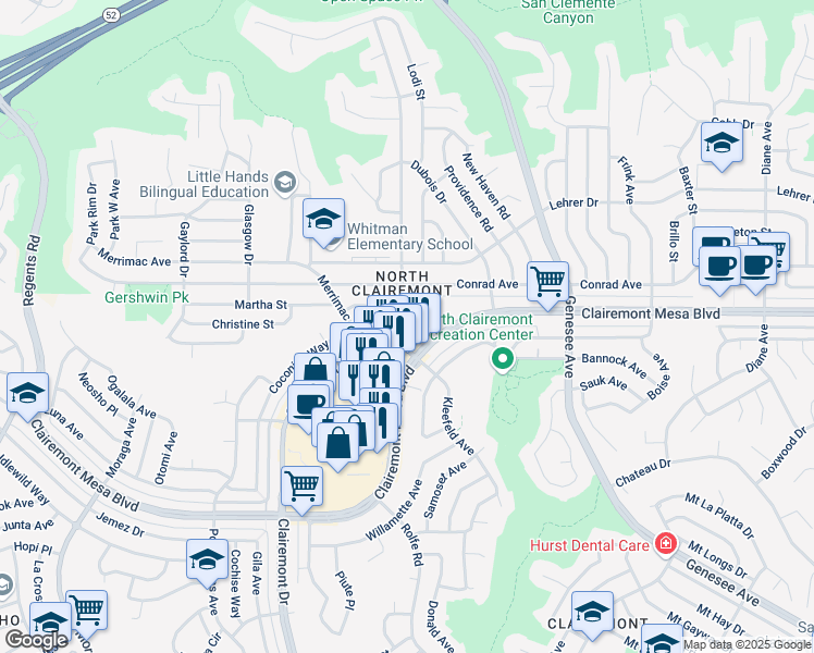 map of restaurants, bars, coffee shops, grocery stores, and more near 5074 Clairemont Drive in San Diego