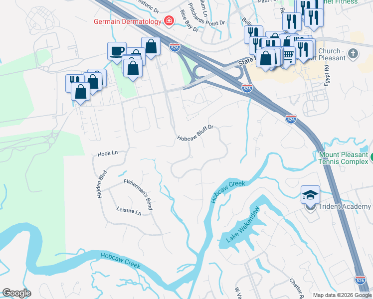 map of restaurants, bars, coffee shops, grocery stores, and more near 60 Palisades Drive in Mount Pleasant