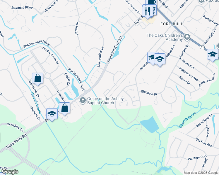 map of restaurants, bars, coffee shops, grocery stores, and more near 2002 Shadow Ferry Drive in Charleston
