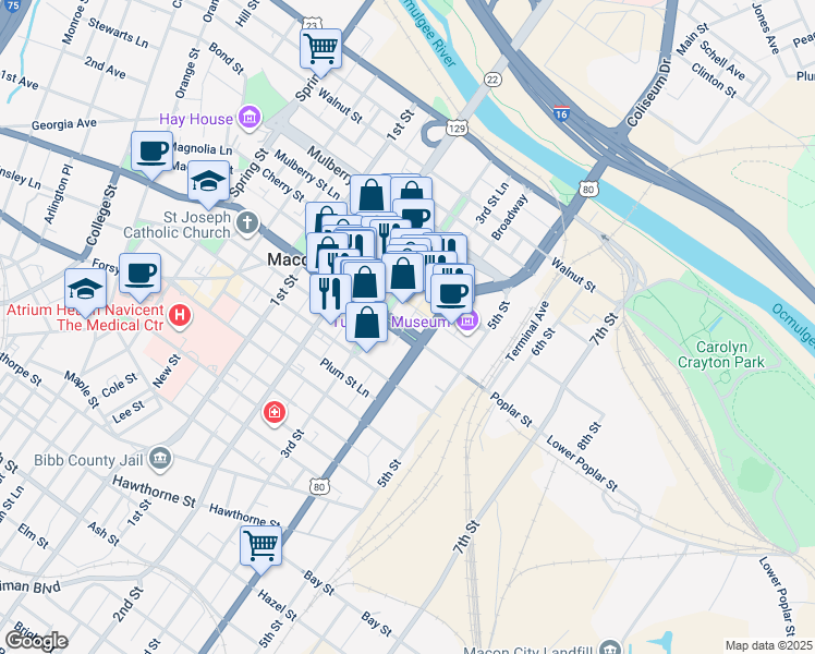 map of restaurants, bars, coffee shops, grocery stores, and more near 446 Poplar Street in Macon