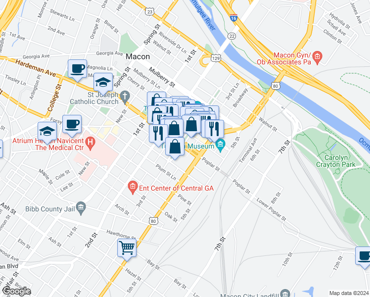 map of restaurants, bars, coffee shops, grocery stores, and more near 446 Poplar Street in Macon
