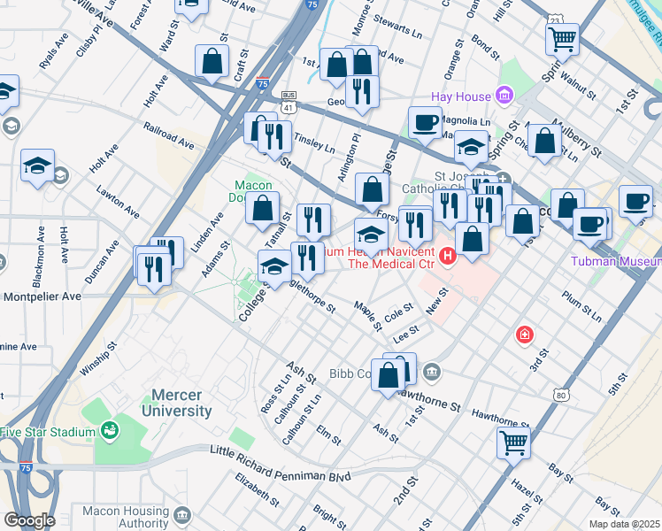 map of restaurants, bars, coffee shops, grocery stores, and more near 1086 Columbus Street in Macon