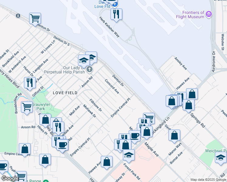 map of restaurants, bars, coffee shops, grocery stores, and more near 7206 Cortland Avenue in Dallas