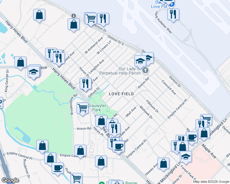 map of restaurants, bars, coffee shops, grocery stores, and more near 2238 Bombay Avenue in Dallas