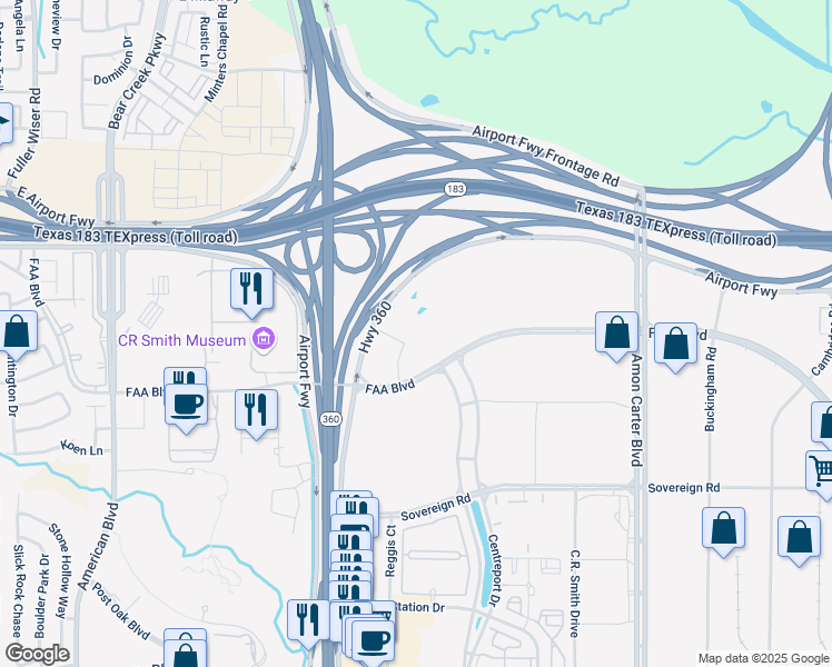 map of restaurants, bars, coffee shops, grocery stores, and more near 14251 FAA Boulevard in Fort Worth