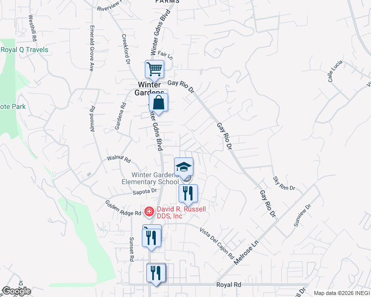 map of restaurants, bars, coffee shops, grocery stores, and more near 8661 Winter Gardens Boulevard in Lakeside