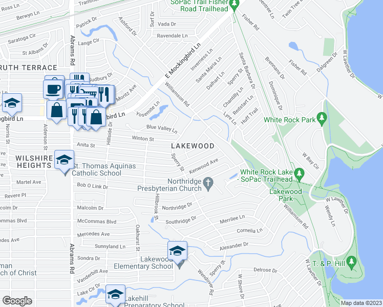 map of restaurants, bars, coffee shops, grocery stores, and more near 6911 Ellsworth Avenue in Dallas