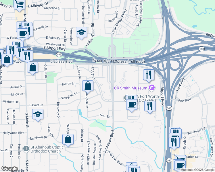 map of restaurants, bars, coffee shops, grocery stores, and more near 4701 American Boulevard in Euless