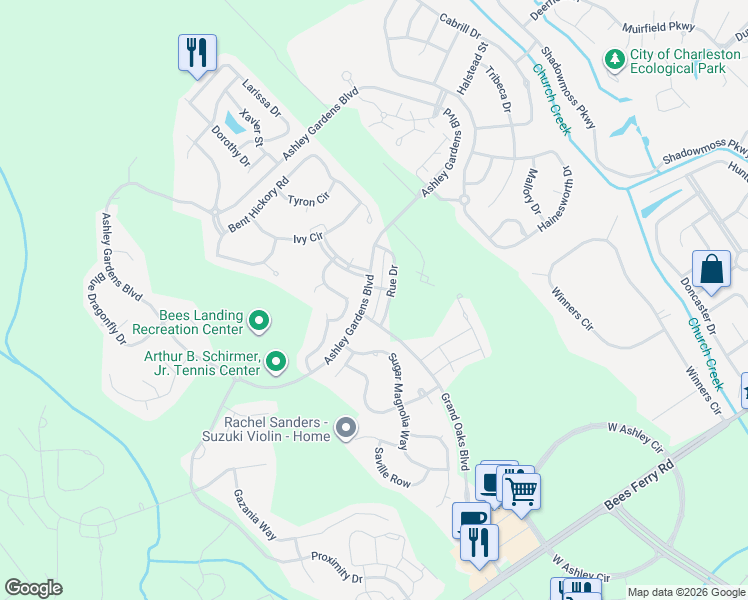 map of restaurants, bars, coffee shops, grocery stores, and more near 1001 Ashley Garden Boulevard in Charleston