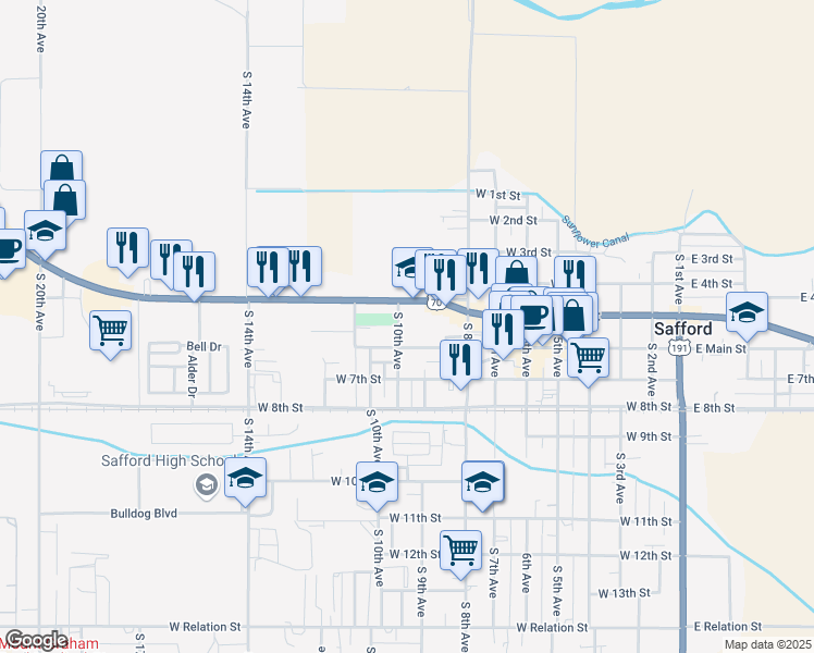 map of restaurants, bars, coffee shops, grocery stores, and more near 523 South 10th Avenue in Safford