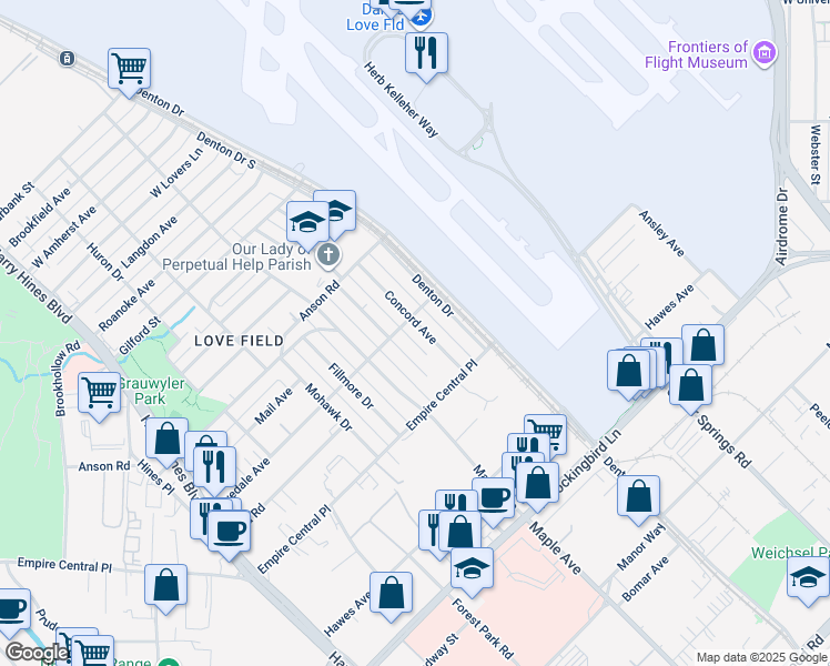 map of restaurants, bars, coffee shops, grocery stores, and more near 7206 Cortland Avenue in Dallas
