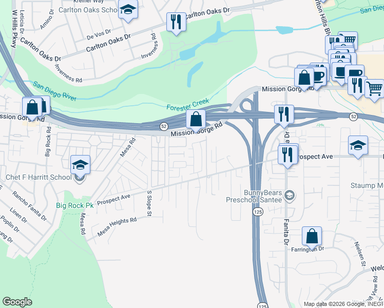 map of restaurants, bars, coffee shops, grocery stores, and more near 8612 Arlington Way in Santee