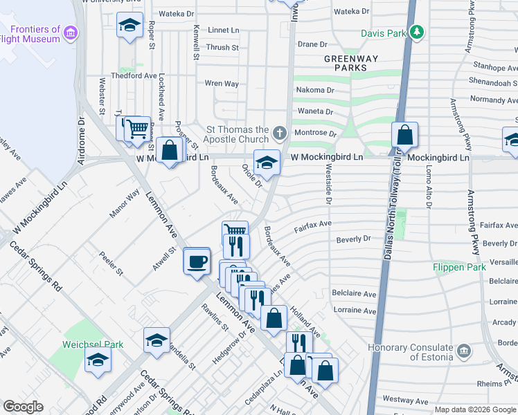 map of restaurants, bars, coffee shops, grocery stores, and more near 3913 Inwood Road in Dallas