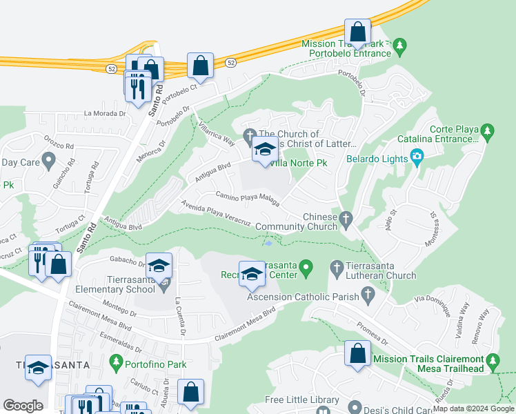 map of restaurants, bars, coffee shops, grocery stores, and more near 4989 Corte Playa Encino in San Diego