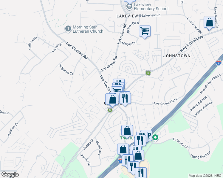 map of restaurants, bars, coffee shops, grocery stores, and more near Interstate 8 Business Loop in Lakeside
